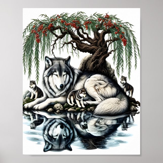 Póster Oasis familiar de Lobo Serene en la naturaleza ilí (Frente)