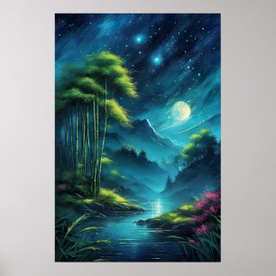 Póster Oasis iluminado por luna, encantador bosque de bam