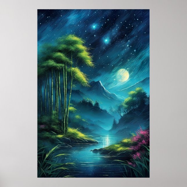 Póster Oasis iluminado por luna, encantador bosque de bam (Frente)