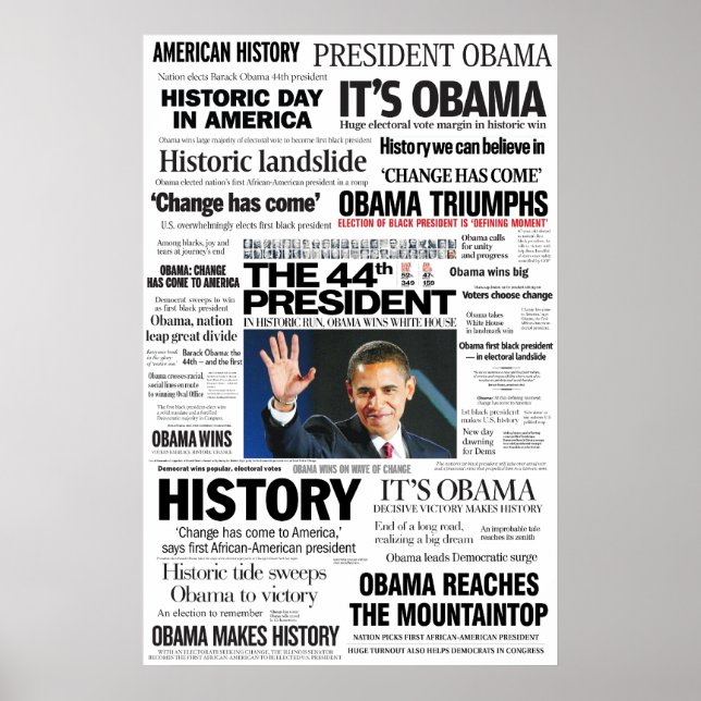Póster Obama: El 44° Poster del Collage de titulares del  (Frente)