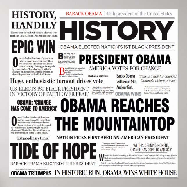 Póster Obama: Histórico Poster de Collage en titulares (Frente)