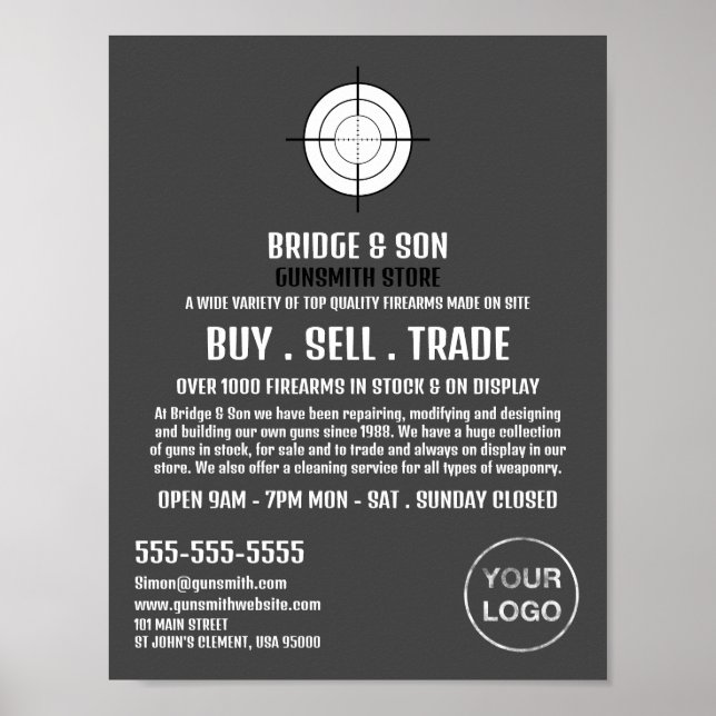 Póster Objetivo de armas, pistolero, publicidad de tienda (Frente)