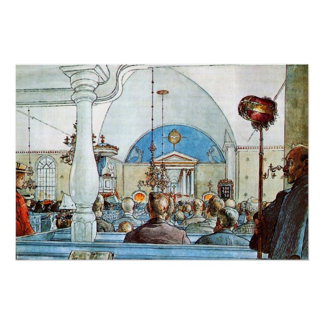 Póster Obra de Carl Larsson, En la iglesia (Anverso)