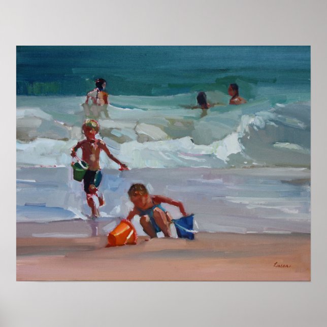 Póster Obras náuticas - Niños jugando en la playa (Frente)