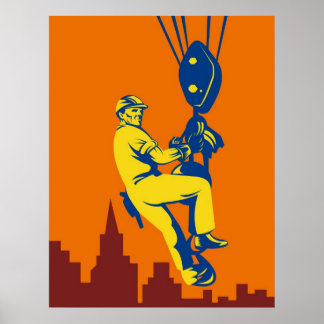 Póster obrero de la construcción con estilo retro gancho