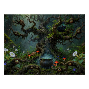 Póster Observadores en Bosque de Brujas Caldero Gato Negr