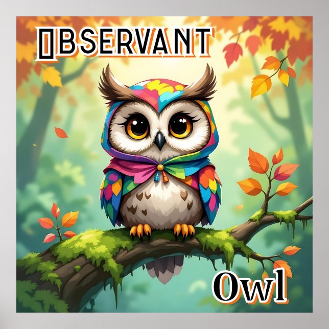 Póster Observant Owl | Cute Cartoon Kid's Nursery Art (Frente)