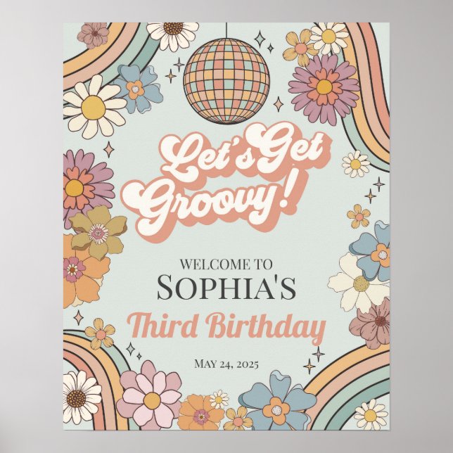 Póster Obtengamos Signo De Bienvenida De Groovy Floral Bi (Frente)