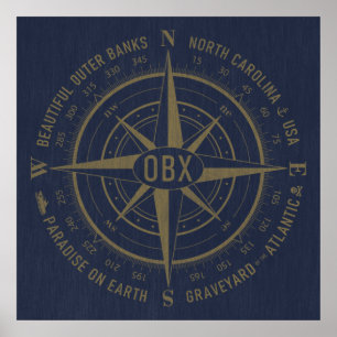 Póster OBX Compass Outer Banks Vintage Gold Navy Blue