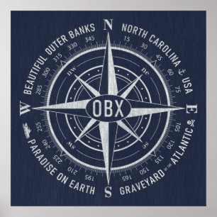 Póster OBX Compass Outer Banks Vintage White Navy Blue