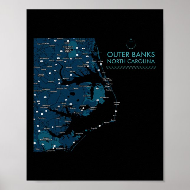 Póster Obx Nc Outer Banks Map Duck Corolla Beach Vacation (Frente)
