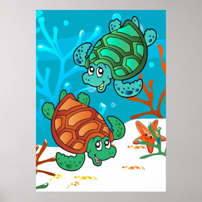 Póster Ocean Aquatic Cute Turtle Starfish Niños Sala P (Frente)