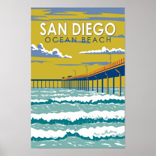 Póster Ocean Beach San Diego Travel Art Vintage