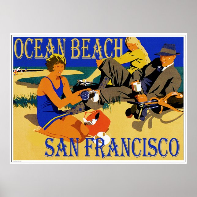 Póster Ocean Beach San Francisco, California Retro Beach (Frente)