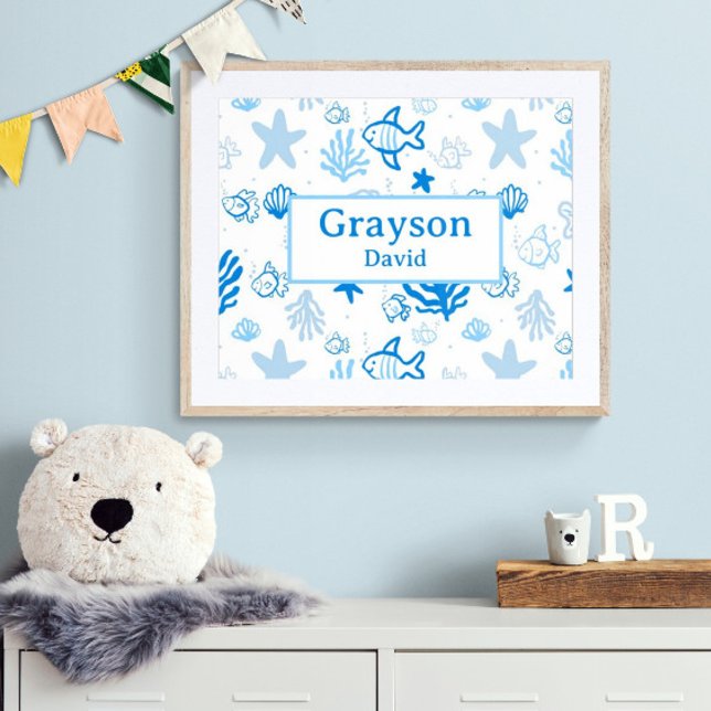 Póster Ocean Fish Custom Name Nursery Boys Room Art (Customize the name! Shown with white mat and wood frame. You will receive print or digital image .)