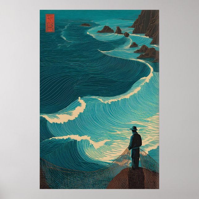 Póster Ocean Fisherman Wall Art - Lone Angler with (Frente)