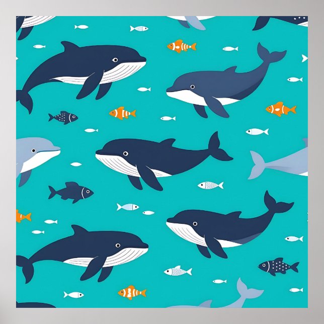 Póster Ocean Whales Dolphins Pattern (Frente)