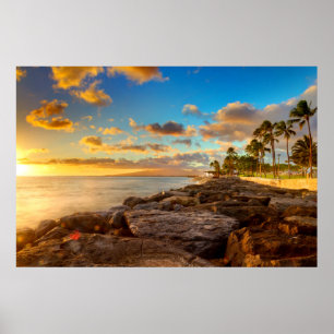 Póster Océano Atardecer Sobre Rocas Y Palmeras   O'Ahu