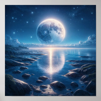 Póster Océano iluminado por luna bajo cielo estrellado