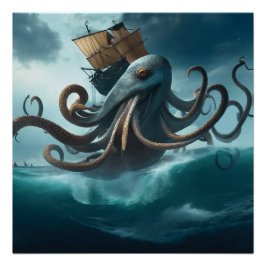 Póster océano Kraken gigante ataque al calamar barco de v