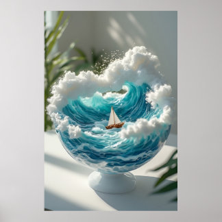 Póster 🌊 Océano surreal en globo de vidrio Pequeño barco