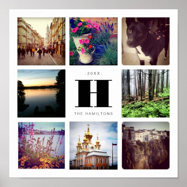 Póster Ocho Collage de fotos cuadrado con monograma famil (Frente)