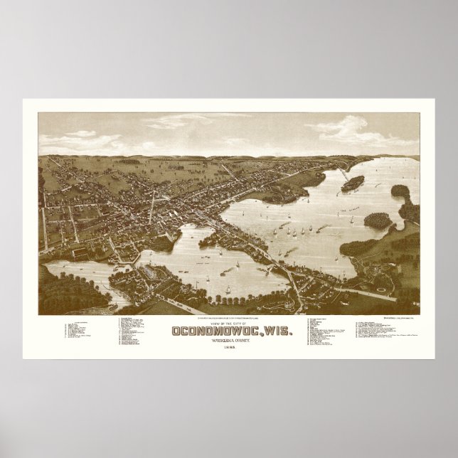 Póster Oconomowoc, WI Mapa Panorámico - 1885 (Frente)