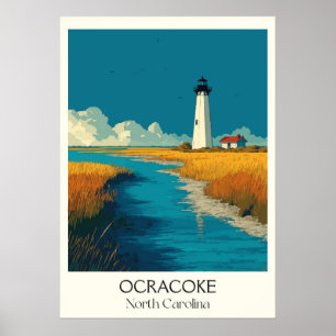 Póster Ocracoke NC Vintage Lighthouse Island Beach Art