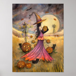 Póster October Fields Witch and Cat Art by Molly Harrison
