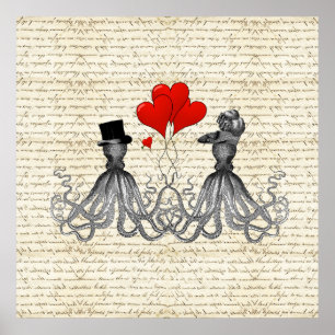 Póster Octopi y corazones de la vendimia