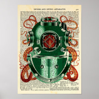 Póster Octopus Con Casco De Buceo Curiosismo Vintage
