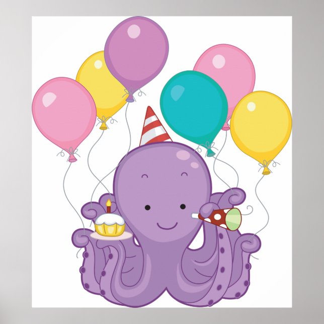 Póster Octopus de cumpleaños con globos y torta (Frente)
