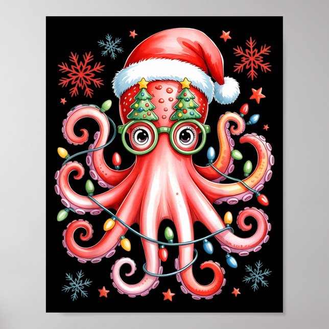 Póster Octopus Gles Santa Hat Christmas Light Ocean Anima (Frente)