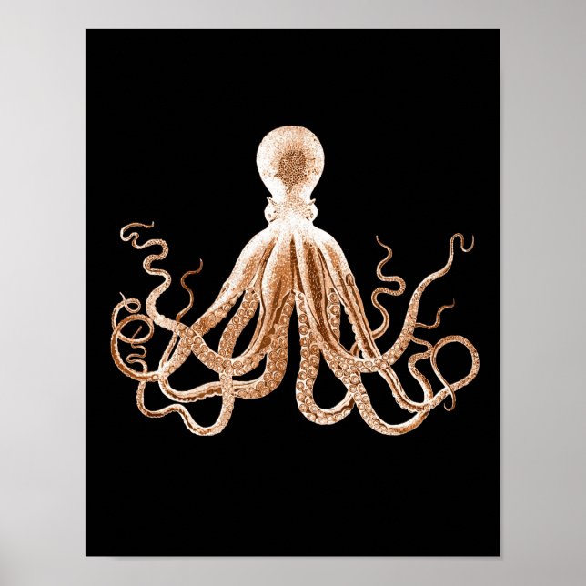Póster Octopus kraken costa océano playa negro (Frente)