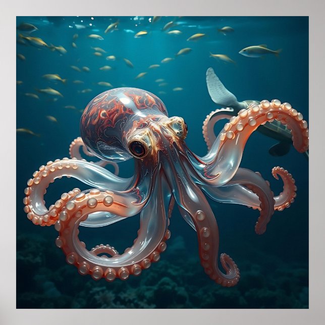 Póster Octopus lúdico en el mar profundo (Frente)