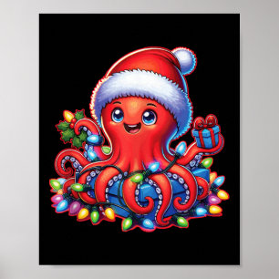 Póster Octopus navidad Con Sombrero Santa Y Luz De Festiv