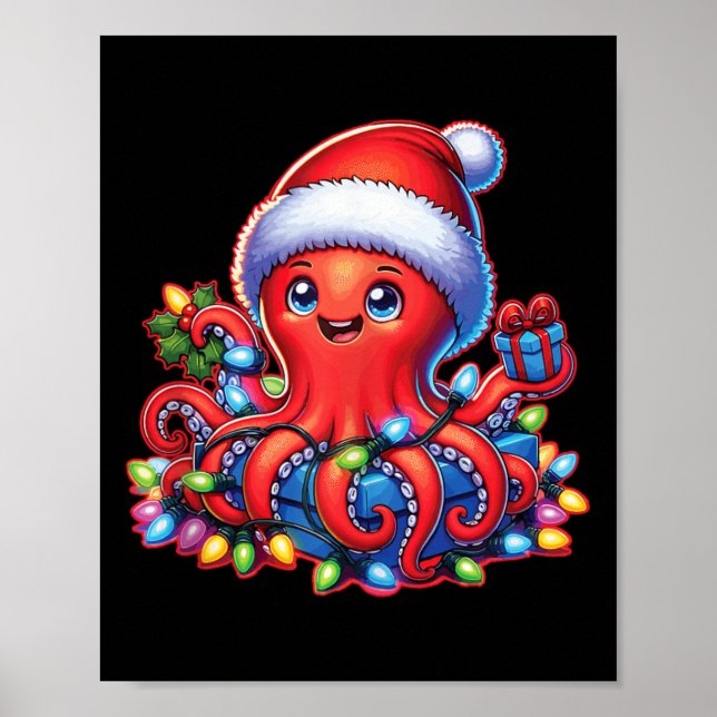 Póster Octopus navidad Con Sombrero Santa Y Luz De Festiv (Frente)