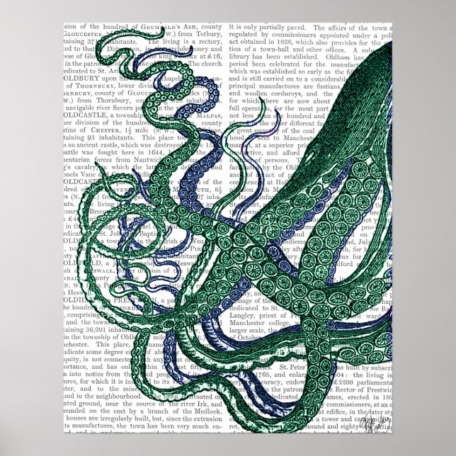 Póster Octopus Tentacles Verde y Azul (Frente)