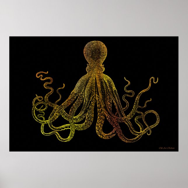 Póster Octopus Vintage En Negro Y Oro (Frente)