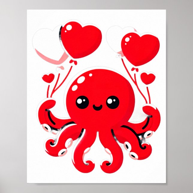Póster Octopus With Heart Lloons Adorable Valentines Day  (Frente)
