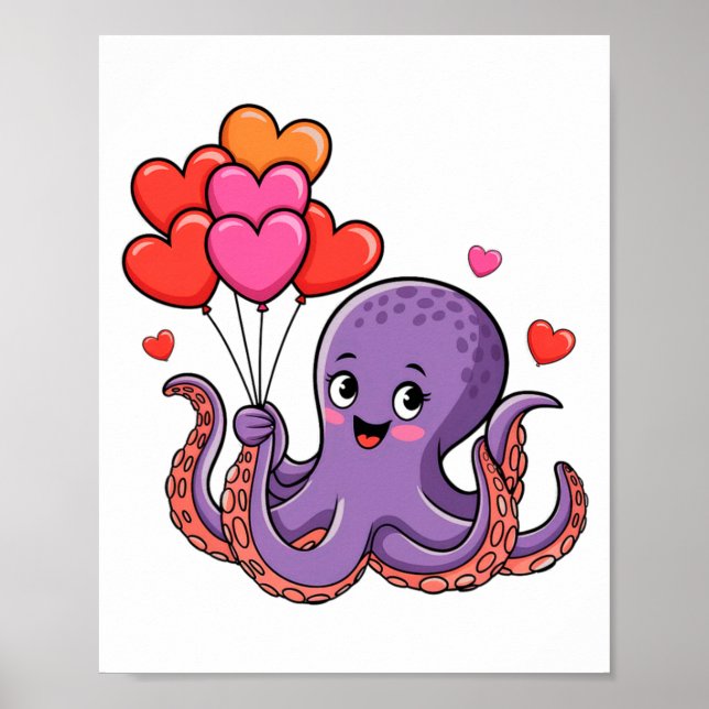 Póster Octopus With Heart Lloons Valentine Day  (Frente)
