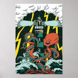 Póster Octopus y faro de estilo tradicional tatuaje