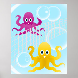 Póster Octótopos divertidos jugando al voleibol