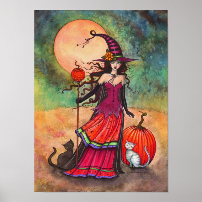 Póster Octubre Ilustracion Halloween de Gato Brujo (Frente)