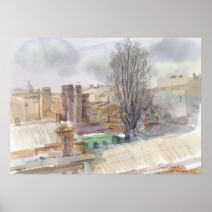 Póster Odesa auténticos tejados en acuarela de primavera