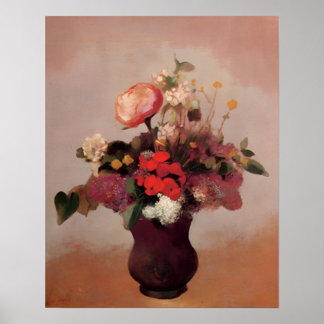 Póster Odilon Redon - Flores en un jarrón marrón, (Frente)