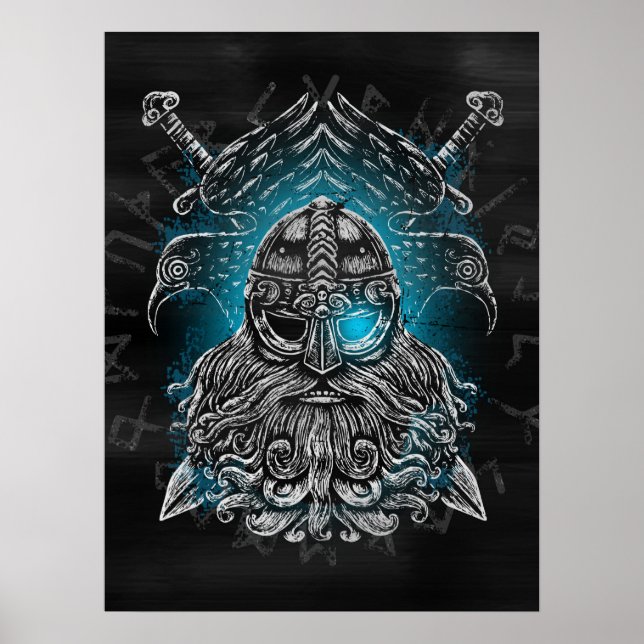 Póster Odin con cuervos y espadas Mitología vikinga azul (Frente)