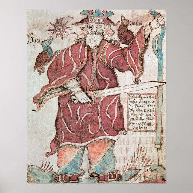 Póster Odin, con sus dos cuervos, Hugin y Munin (Frente)