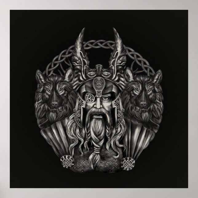 Póster Odin y sus lobos Geri y Freki (Frente)