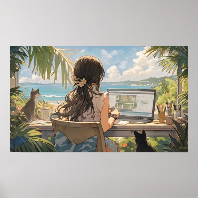 Póster Oficina de animaciones junto al mar (Frente)